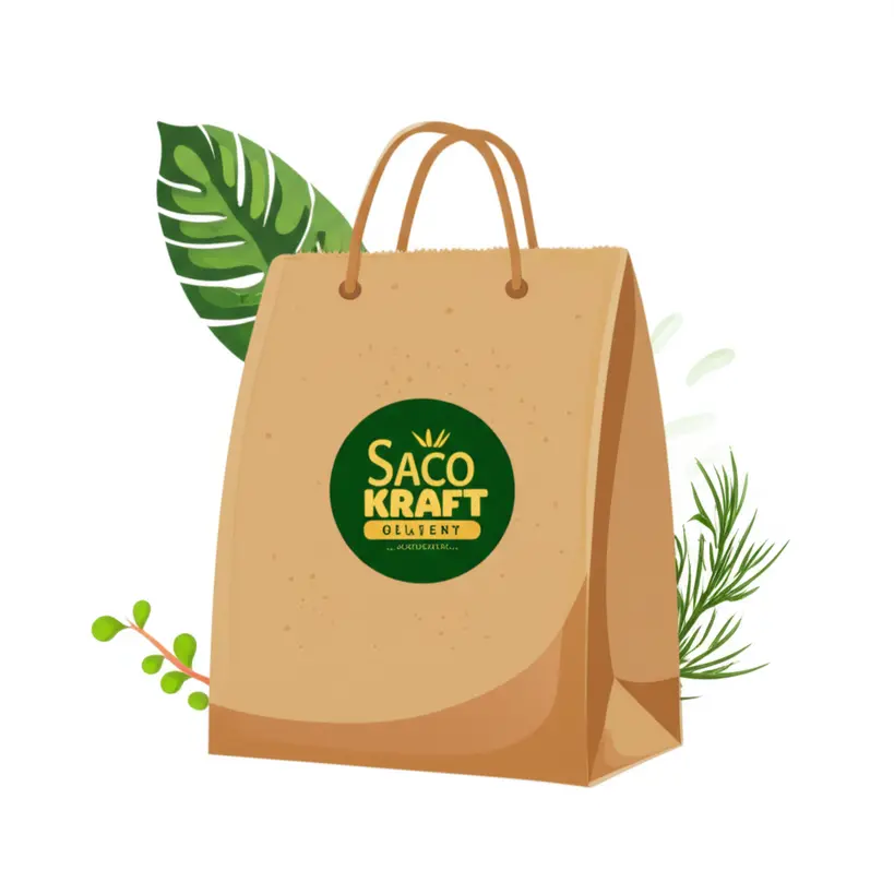 Saco kraft de delivery com logo de restaurante e elementos naturais, simbolizando sustentabilidade e branding