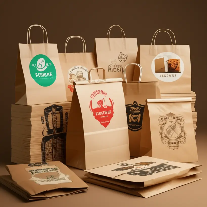 Diversos sacos kraft personalizados com logos e designs de marcas de delivery