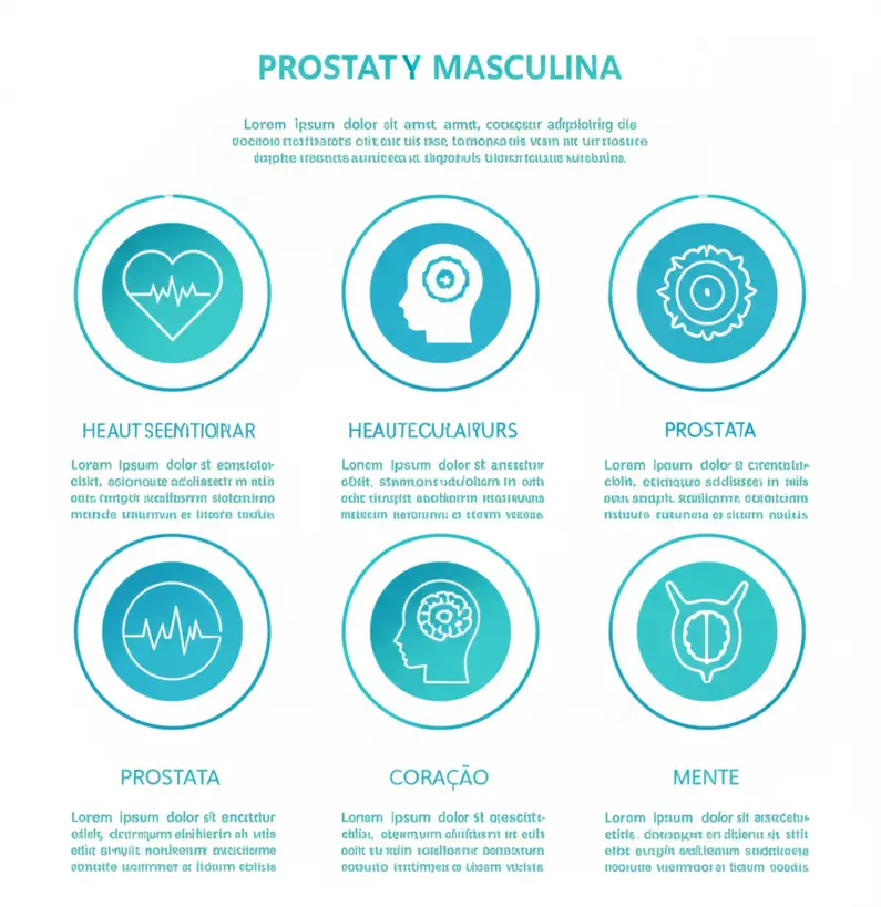 Ilustração de ícones representando diferentes aspectos da saúde masculina, como coração, mente, próstata e bem-estar geral