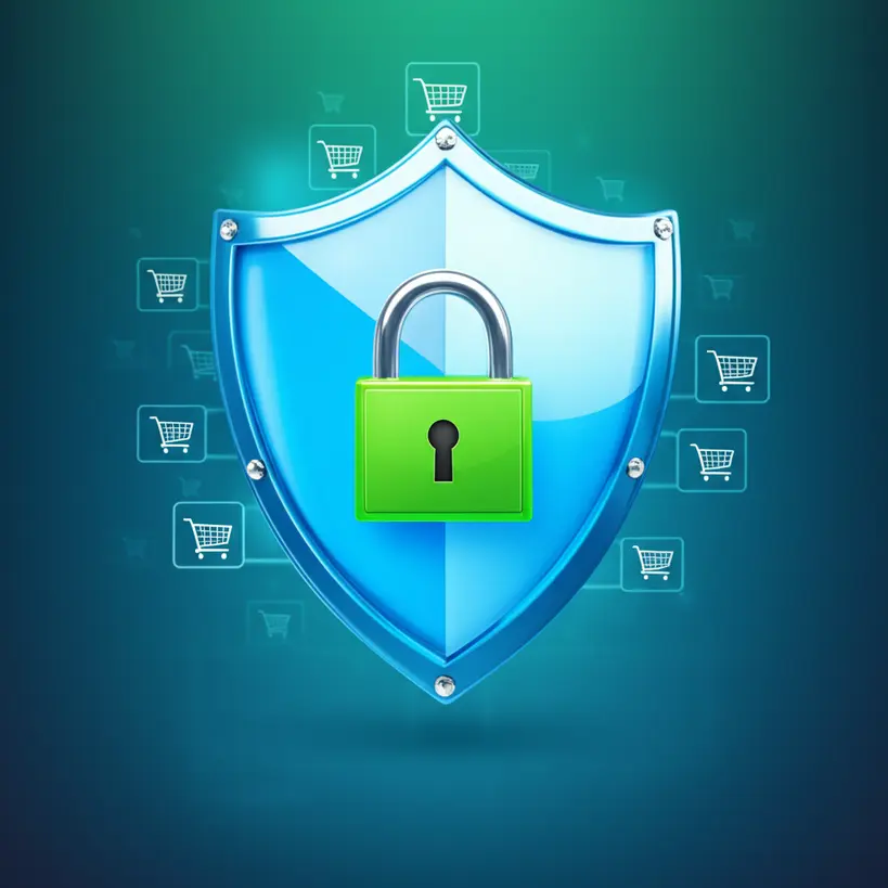 Um escudo digital com um cadeado em um fundo de ícones de compras online, simbolizando proteção contra fraudes
