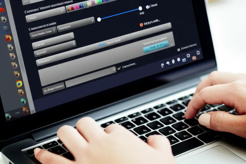 Técnicas de Busca Avançada Digital Mãos digitando em um teclado, com a tela do computador mostrando uma interface de busca avançada em um banco de imagens, com filtros de cor, orientação e palavras-chave complexas visíveis. Foco na interação humana com a tecnologia.