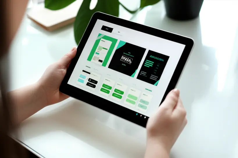 Templates personalizados para negócios Pessoa personalizando um template de design em um tablet, com várias opções de cores e fontes