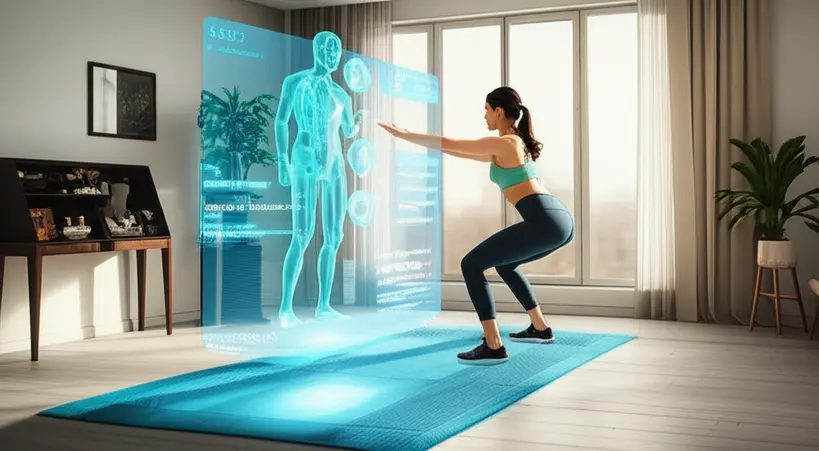 Pessoa fazendo exercícios guiada por uma interface holográfica de IA