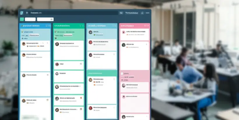 Quadro Kanban do Trello com cartões coloridos e equipe colaborando