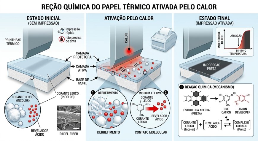 Ilustração da reação química do papel térmico ativada pelo calor